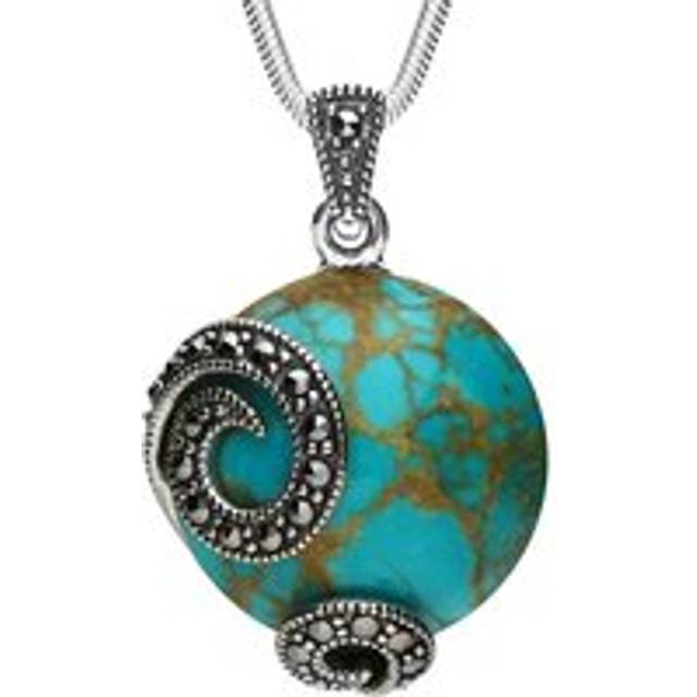 Sterling Silver Turquoise Marcasite Round Double Spiral Necklace
