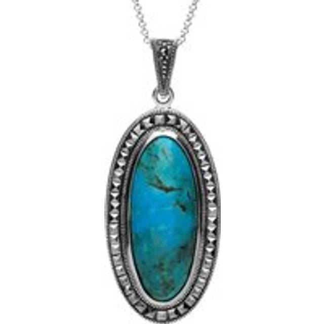 Sterling Silver Turquoise Marcasite Long Oval Bead Edge Necklace - Silver