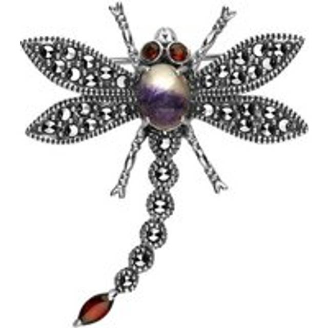 Sterling Silver Blue John Marcasite Garnet Style & Fashion Dragonfly Brooch - Silver