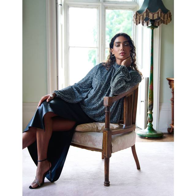 High Neck Puffball Hem Blouse - S / SILVER
