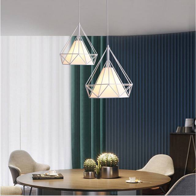 2 Piece Retro Pendant Light Vintage Metal Iron Pendant Light Industrial Hanging Light Creative 20CM Diamond Cage Chandelier E27 Bulb -White