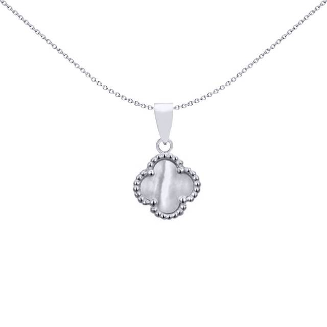 Jewelco London Rhodium Silver Clover Mother of Pearl Lucky Clover Charm Pendant - APD230