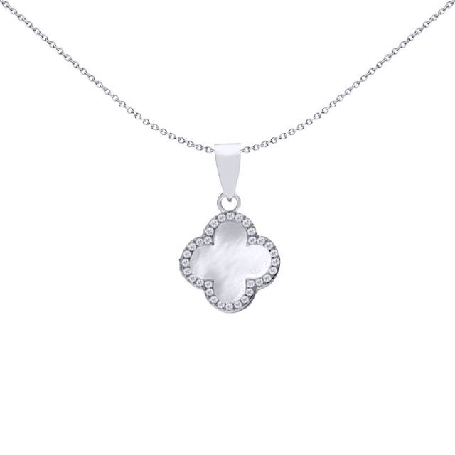 Jewelco London Rhodium Silver Clover Mother of Pearl & CZ Halo Lucky Charm Charm Pendant - APD234