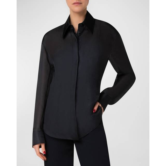 Silk Organza Button-Front Blouse - BLACK - 6