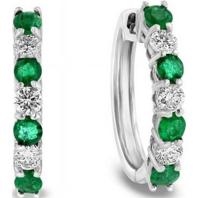 1.15 CTW Diamond & Emerald Hoop Earrings, 14K White Gold