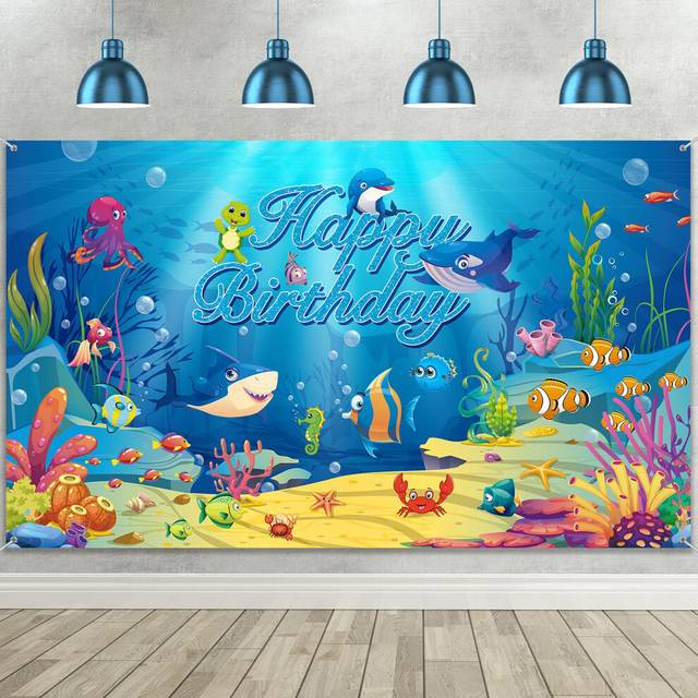 Sea Backdrop Ocean Animal Happy Birthday Decorations Under Ocean Theme Birthday Photography Background Banner for Kids Dolphin Shark Underwater Blue