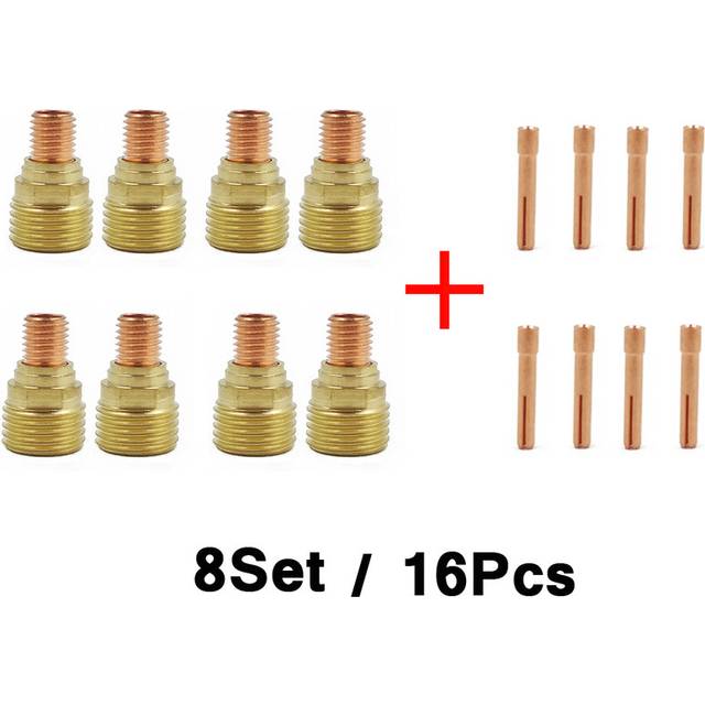 (8Set 16Pcs) 1.0/1.6/2.4/3.2mm TIG Small Collet Collet Body Gas Lens 13N21 13N22 13N23 13N24 45V42 45V43 45V44 45V45 For TIG WP9 20 25 Torch