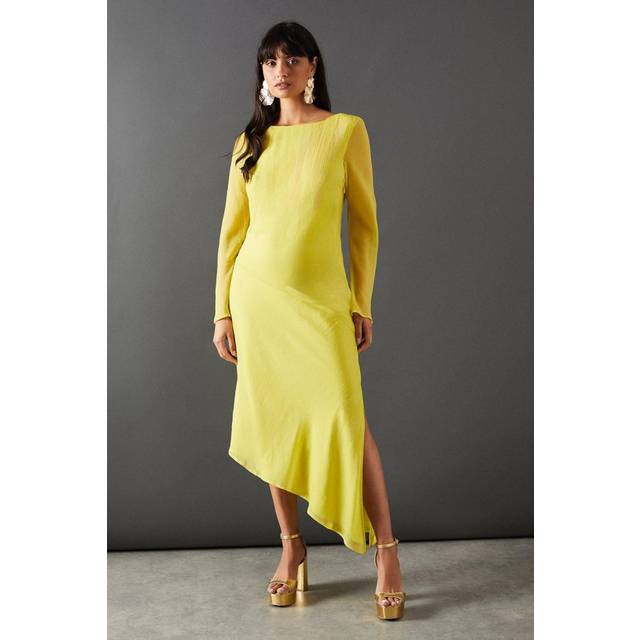 Warehouse Womens Chiffon One Sleeve Asymmetric Hem Midi Dress - Mustard - Size 8 UK