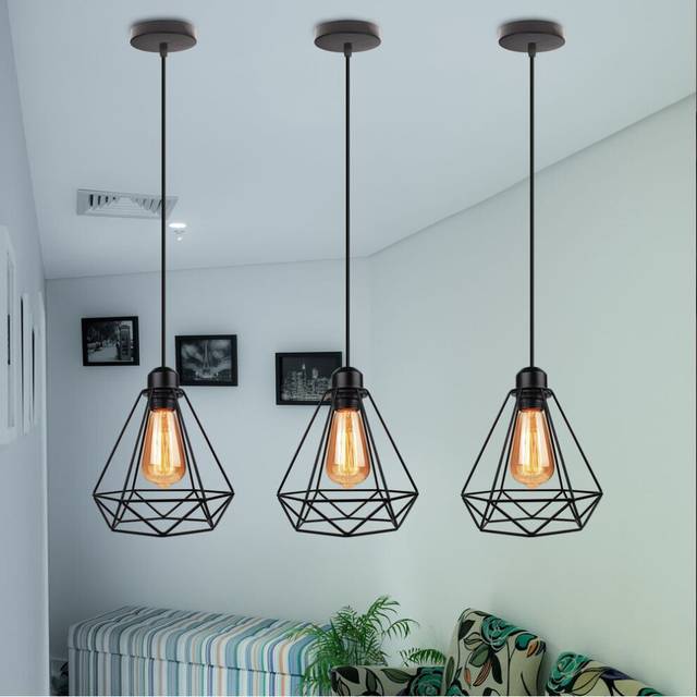 (3 Piece)Vintage Pendant Light,Retro Hanging Lamp Industrial E27 Hanging Light Black Metal Iron Chandelier Vintage Diamond Ã200MM Pendant Light