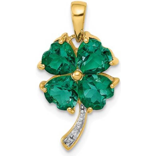 14K Created Emerald & Diamond Four Leaf Clover Pendant - Green