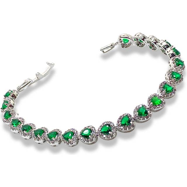 White gold finish created diamond & green emerald heart cut cluster bracelet