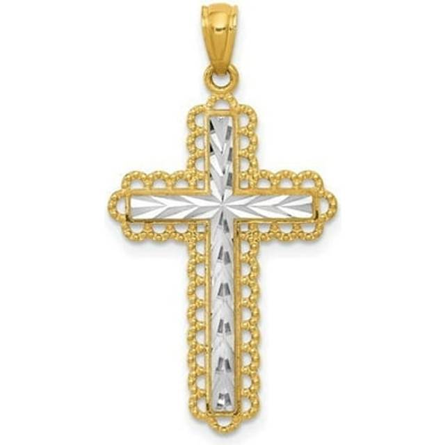 14K Yellow & Rhodium Yellow Gold with Rhodium Diamond-Cut Cross Pendant