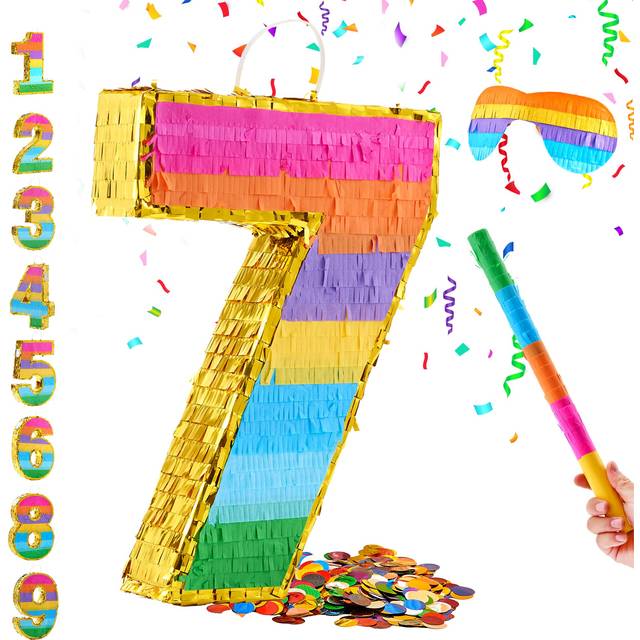 MUWOOB Rainbow Number 7 Pinata for 7th Birthday Party Decorations  Fiesta  Kids Anniversary Celebration  Birthday Pinata with Stick  Blindfo