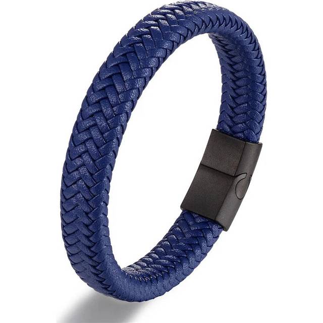 (22cm, Blue) Punk Mens Leather Bracelet Magnetic Clasp Braided Woven Bangle