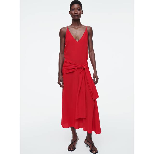 Asymmetric Tie-Waist Silk Dress - Red - 32