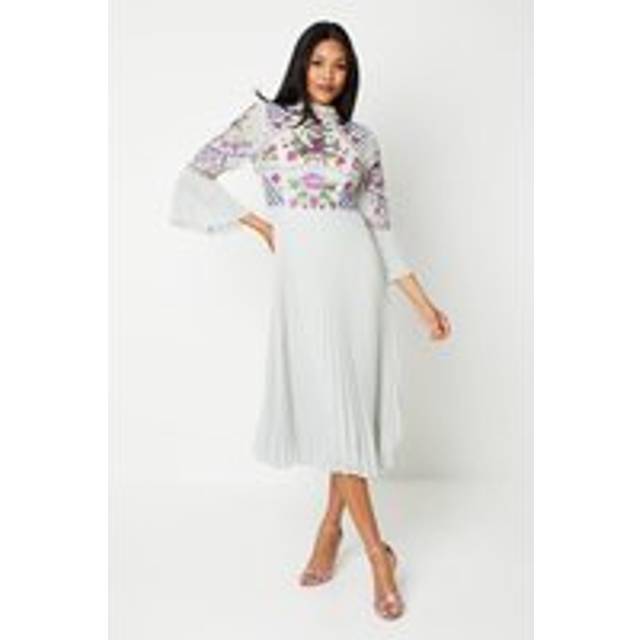 Embroidered Bell Sleeve Pleated Skirt Dress - Sage - 8