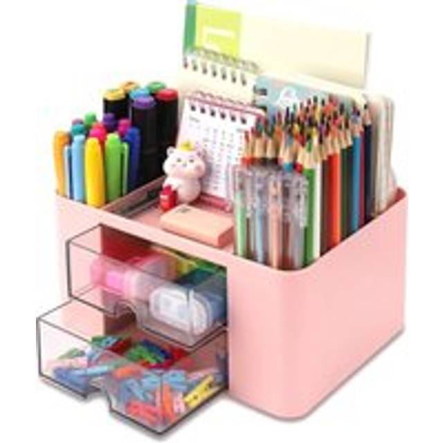 AlwaysH Desk Organizer with 2 Drawers, 19.5CM x 14CM Multifunctional Desk Organizer Large Capacity Pen Holder Makeup Organizer for Office School Home