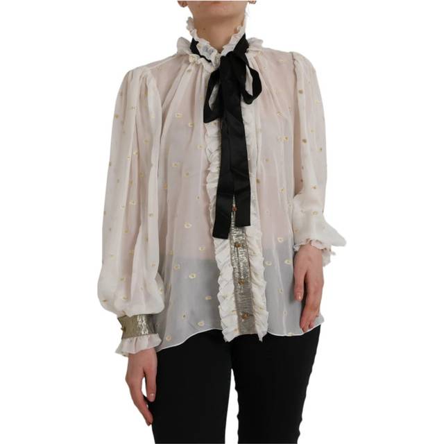 Off White Silk Blend Ascot Collar Blouse Top - IT42|M