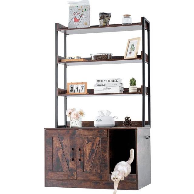 Vevor - Cat Litter Box Enclosure, Hidden Litter Box Furniture with 3 Storage Shelves, Wooden Cat Washroom Indoor, Large Cat House Cabinet Hidden Fit