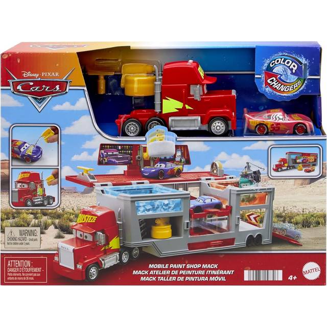 Disney and Pixar Cars Transforming Truck & Toy Car Playset, Color Changers Paint Shop Mack with Detachable Cab, Color Change Lightning McQueen &
