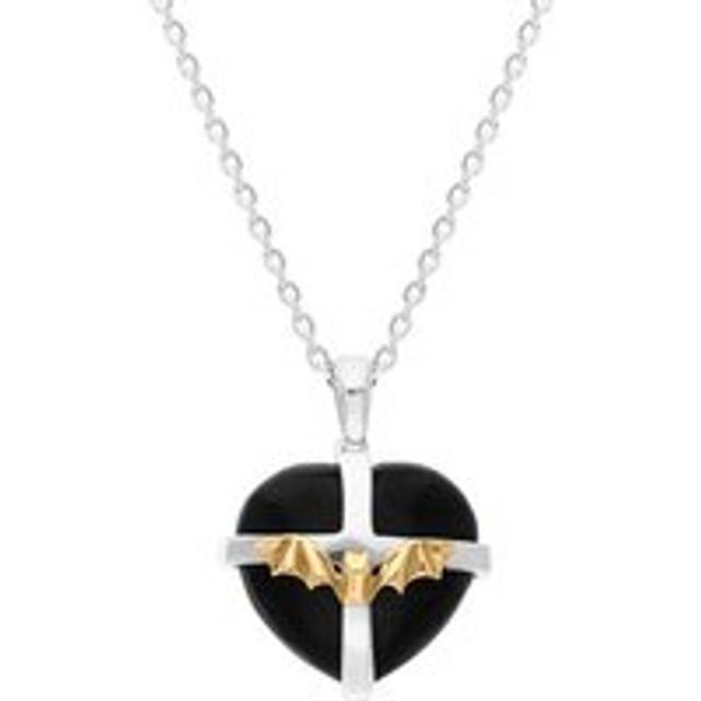 Sterling Silver Whitby Jet 9ct Yellow Gold Bat Medium Cross Heart Necklace - Silver