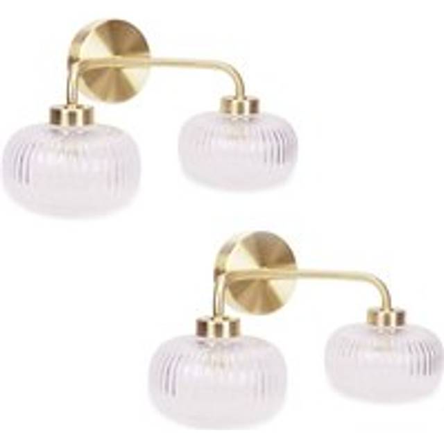 ValueLights Amaia Gold 2 Way Clear Ribbed Glass LED Wall Light 2 Pack