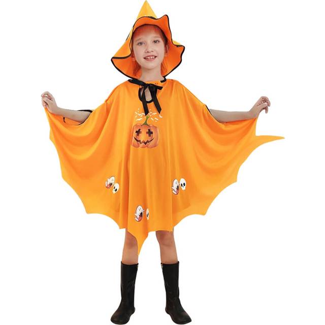 (Yellow) Halloween Pumpkin Cape with Hat Wizard Witch Cloak Costume Outfit Halloween Cosplay Props Batwing Cape Fancy Dress Stage Performance Pumpkin