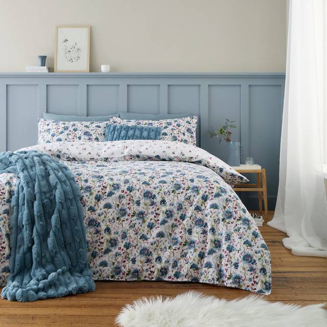 Brushed Cotton Ophelia Floral Reversible Duvet Cover Set - Blue (King Duvet Cover + 2 Standard Pillowcases)