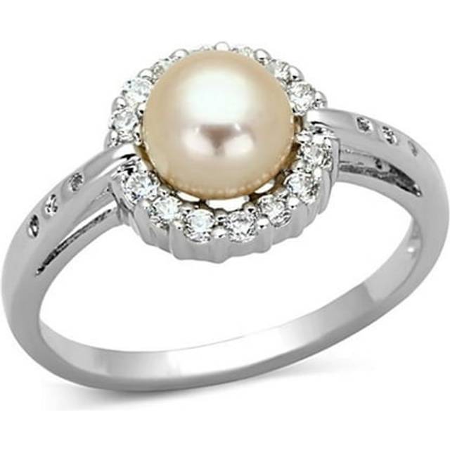 Alamode 3W487-5 Women Rhodium Brass Ring with Synthetic in White - Size 5