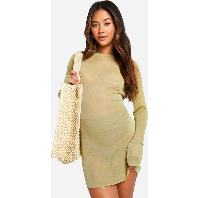 Womens Sheer Fine Knit Micro Mini Dress - Green - 14, Green