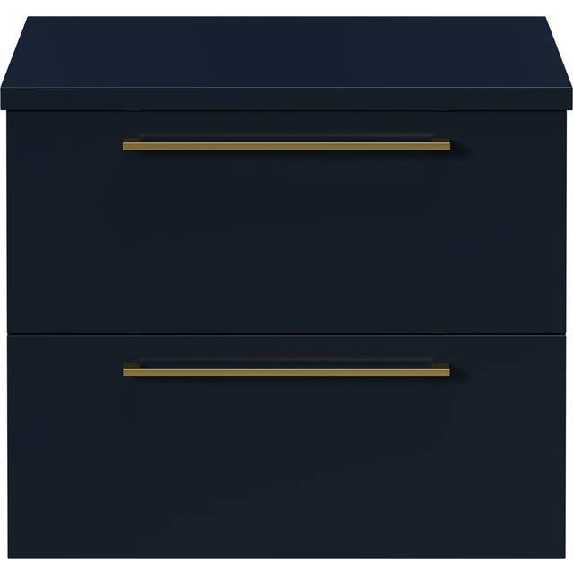 Napoli 390 Wall Mounted Vanity Unit for Countertop Basins with 2 Drawers and Brushed Brass Handles | Deep Blue | MDF | 600mm