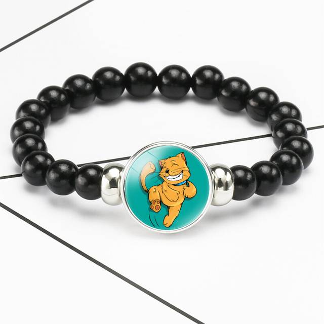 (3803) Trendy Cat Cartoon Gemstone Bracelet Black Elastic Bead Jewelry For Gifts