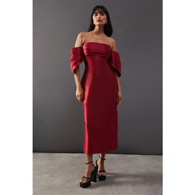 Womens Structured Puff Sleeve Bardot Midi Dress - 14 - Red