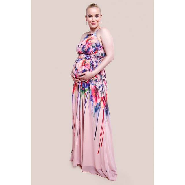 Goddiva Maternity Floral Printed Chiffon Halter Maxi Dress - Blush Floral - 18