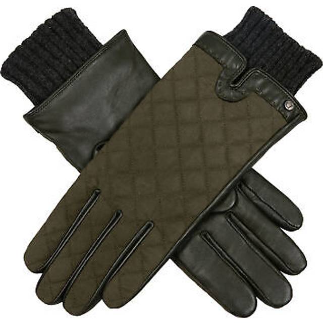 Women’s Touchscreen Water Resistant Lined Waxed Cotton and Leather Gloves with Knitted Cuffs - Olive / M