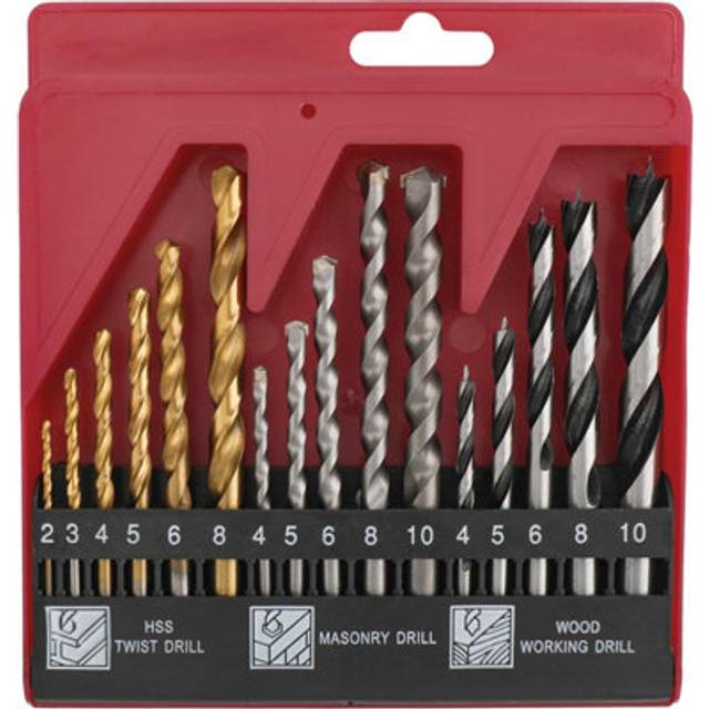 16pc Compact Multi Steel Drill Bit Box Case Set. HSS Titanium Coated, Brad Points & Masonry Mixed Drill Bits for Metal, Wood, Plastics & Brick
