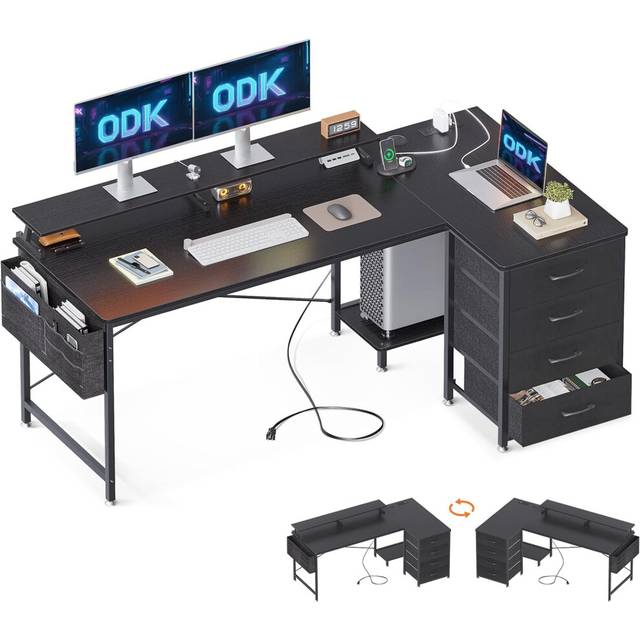 ODK Corner Desk with Drawers, L Shaped Computer Desk with USB Charging
