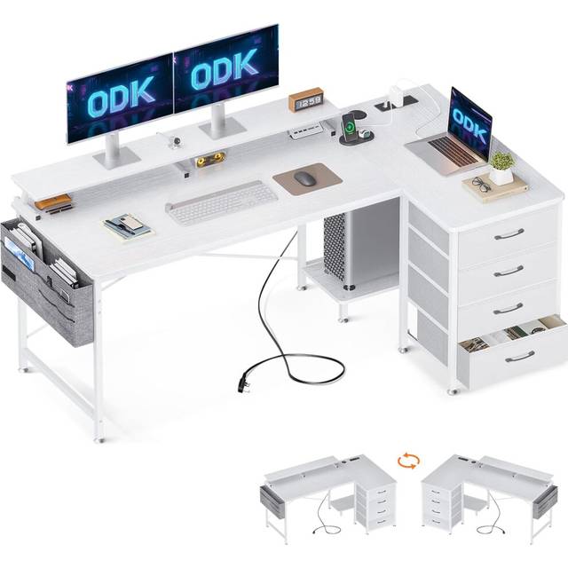 ODK Corner Desk with Drawers, L Shaped Computer Desk with USB Charging