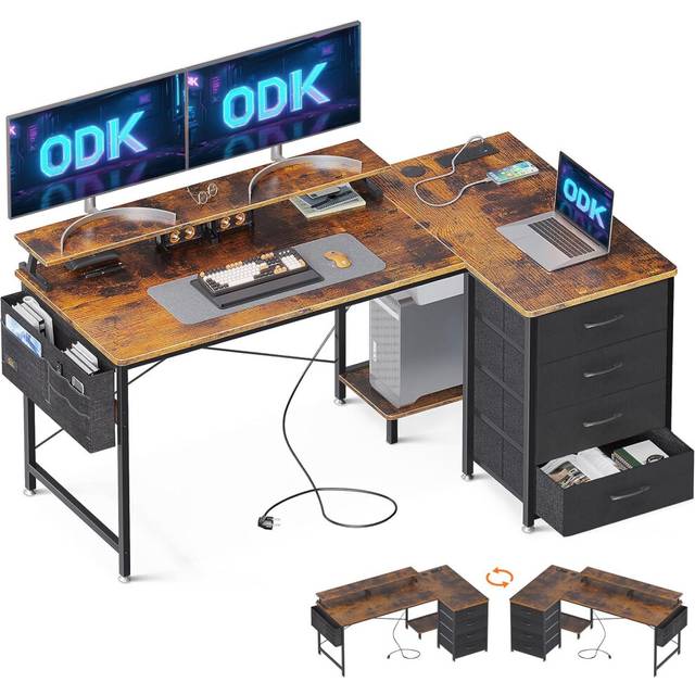 ODK Corner Desk with Drawers, L Shaped Computer Desk with USB Charging
