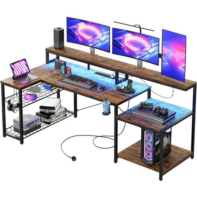Bestier 181CM L Shaped Corner Desk with Power Outlets LED Lights