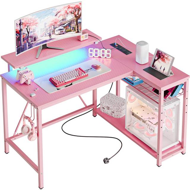 Bestier L Shaped Desk with Power Outlets & LED Lights Compact Corner