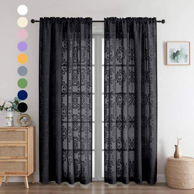 Aiyufeng Black Curtains 84 Inches Long for Bedroom Living Room  Solid Black Curtains Elegant 3D Floral Clip Jacquard Light Filtering Semi Sheer Curtai