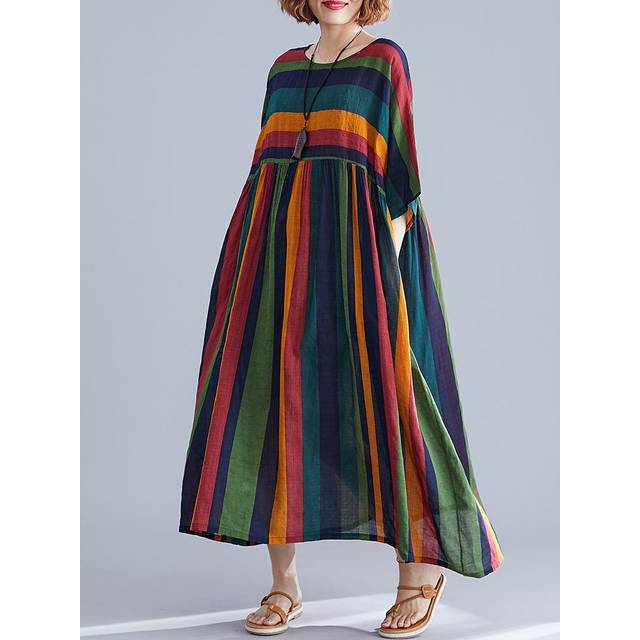 Vintage Women Cotton Linen Dress Striped Print O Neck Half Sleeve Pocekt Plus Size Loose Casual One Size multicolour