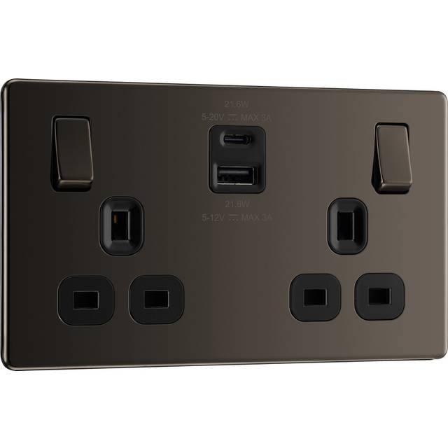 BG Screwless Flatplate 13A Power Socket With USB A+C 22W 2 Gang in Black Nickel Plastic