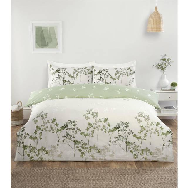 Shadow Floral Microfibre Complete Duvet Cover Set With Pillowcase - Green - Double