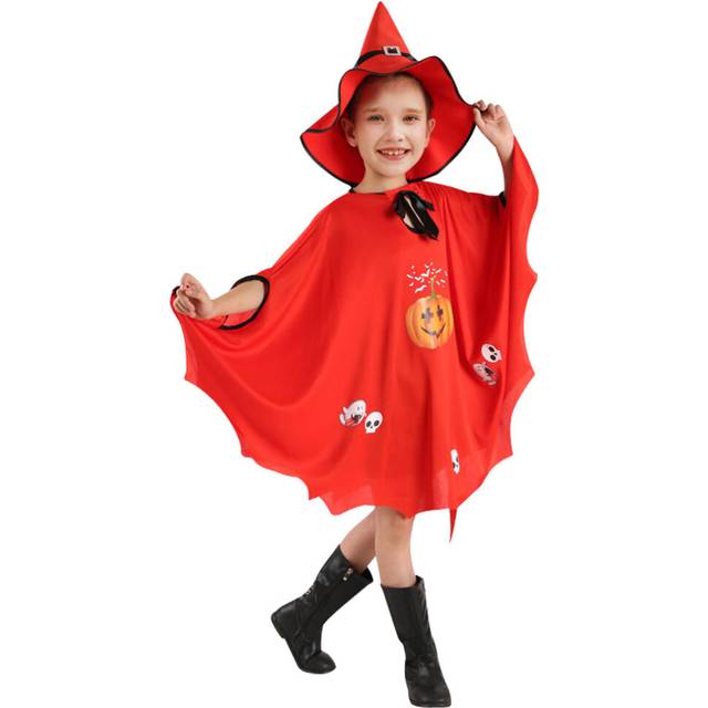 (Red) Halloween Pumpkin Cape with Hat Wizard Witch Cloak Costume Outfit Halloween Cosplay Props Batwing Cape Fancy Dress Stage Performance Pumpkin