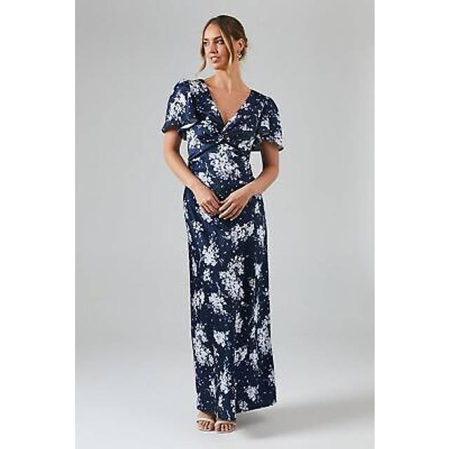 Oasis Womens Midnight Bloom Printed Satin Twist Front Angel Sleeve Maxi Bridesmaids Dress - Navy - Size 10 UK