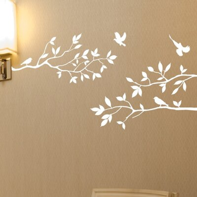"Tree Branches Wall Decal with Birds Vinyl Sticker Nursery Leaves 40"""""""" Wide X 18"""""""" High As Shown (Matte White)"