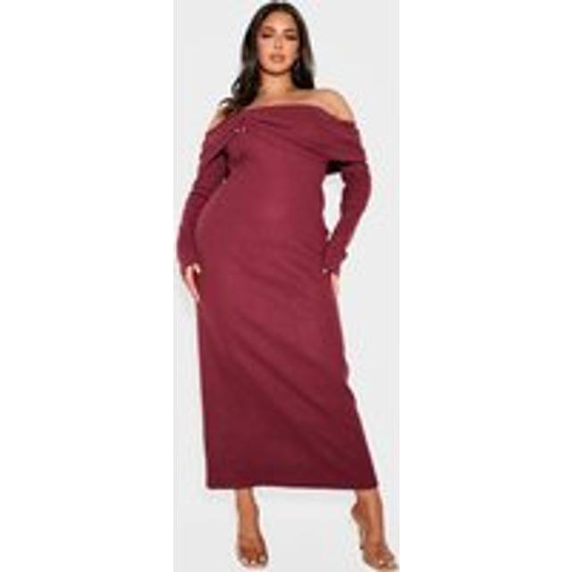 Plus Burgundy Heavy Brushed Rib Bardot Trim Maxi Dress, Red - 20