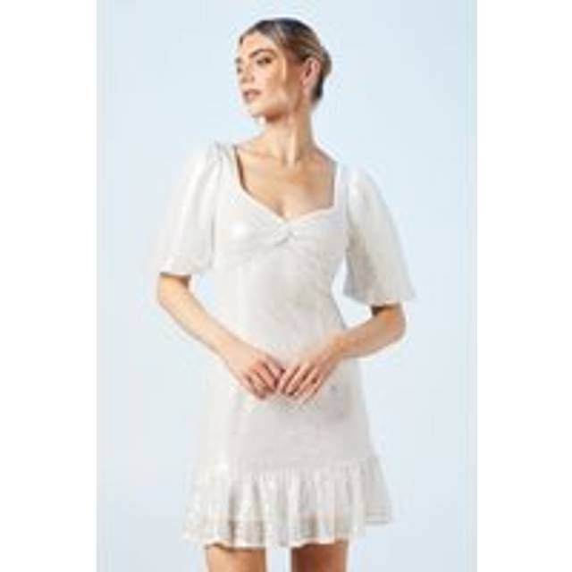 Oasis Womens Sweetheart Puff Sleeve Sequin Bridal Mini Dress - White - Size 8 UK